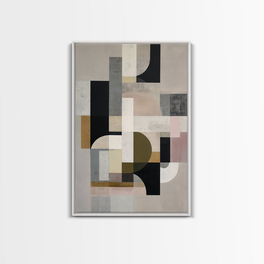 Geometric Bauhaus Grayscale Shapes Framed Canvas Print, Black and White Art, Digital Art, Living Room Decor, Abstract Art, BAW-2x3-74