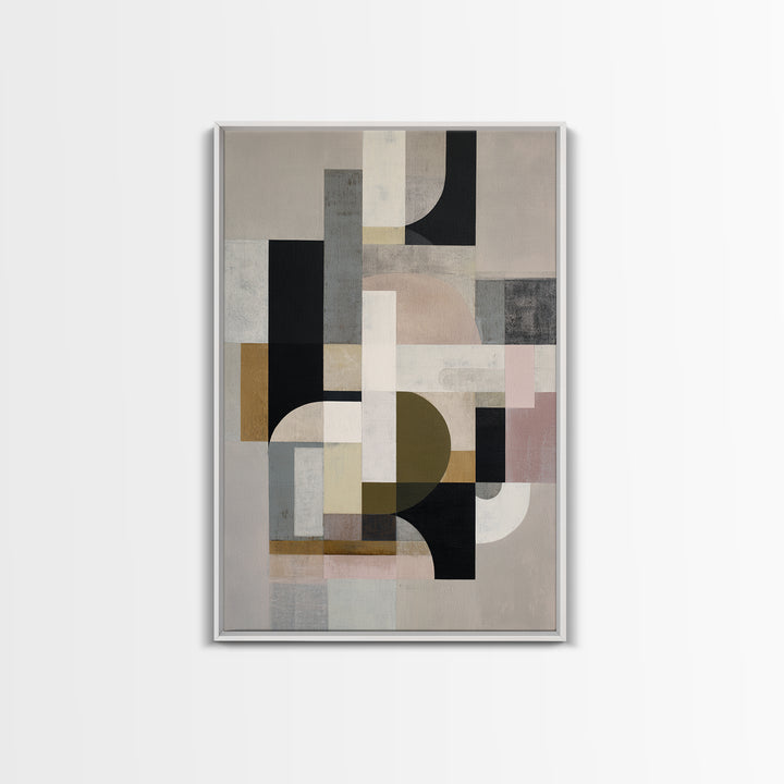 Geometric Bauhaus Grayscale Shapes Framed Canvas Print, Black and White Art, Digital Art, Living Room Decor, Abstract Art, BAW-2x3-74