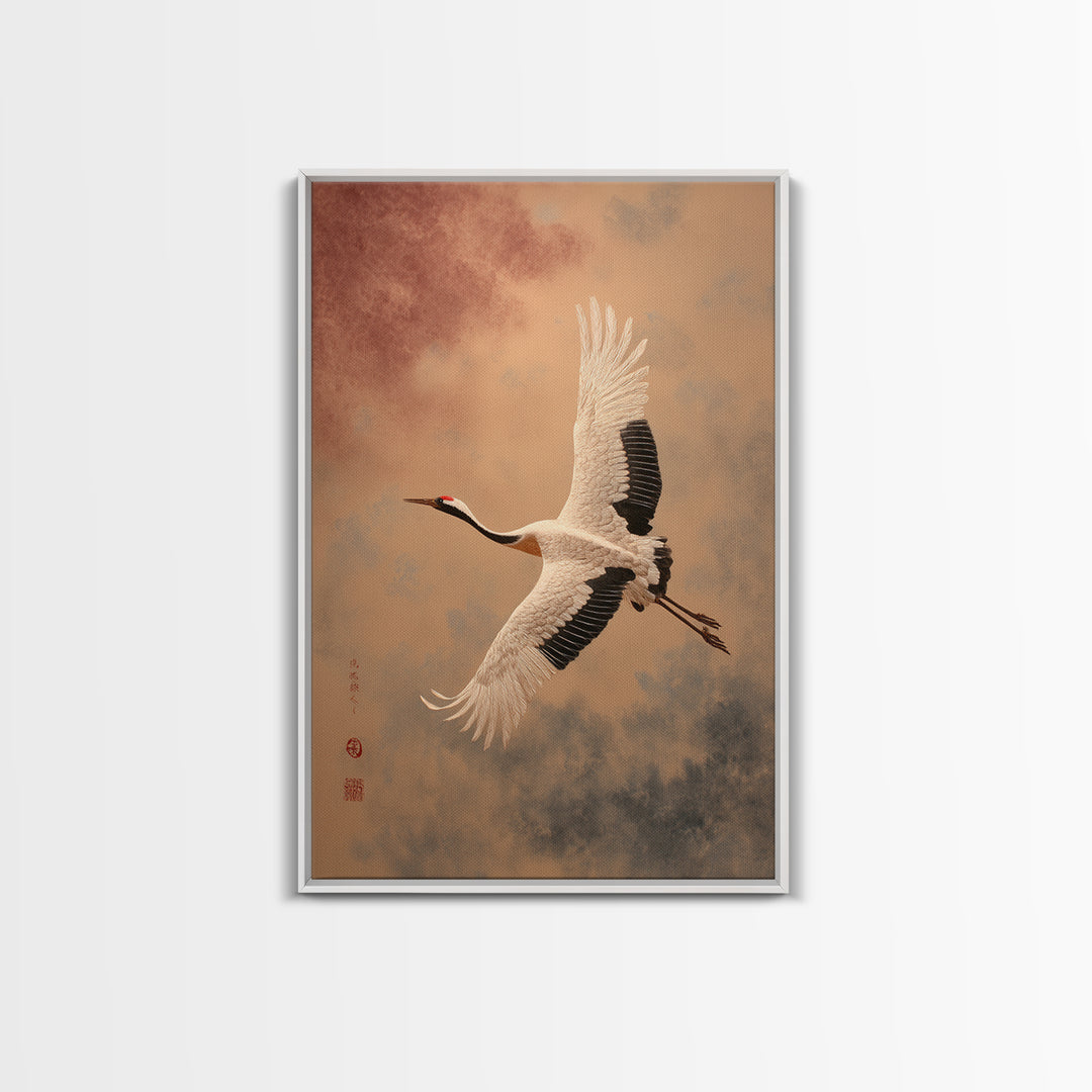 Black Ink Crane Flying Across Empty Sky Framed Canvas Print, Black and White Art, Printable Art, Living Room Decor, Monochrome, BAW-2x3-93
