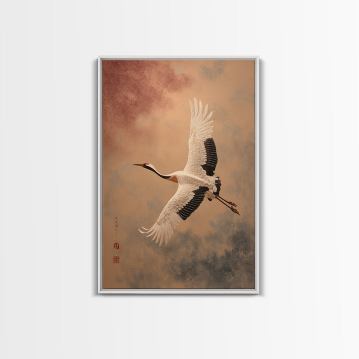 Black Ink Crane Flying Across Empty Sky Framed Canvas Print, Black and White Art, Printable Art, Living Room Decor, Monochrome, BAW-2x3-93
