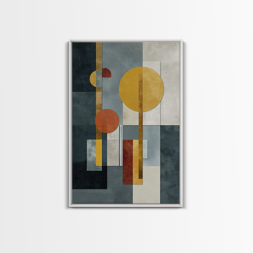 Geometric Bauhaus Grayscale Shapes Framed Canvas Print, Black and White Art, Digital Art, Living Room Decor, Abstract Art, BAW-2x3-98