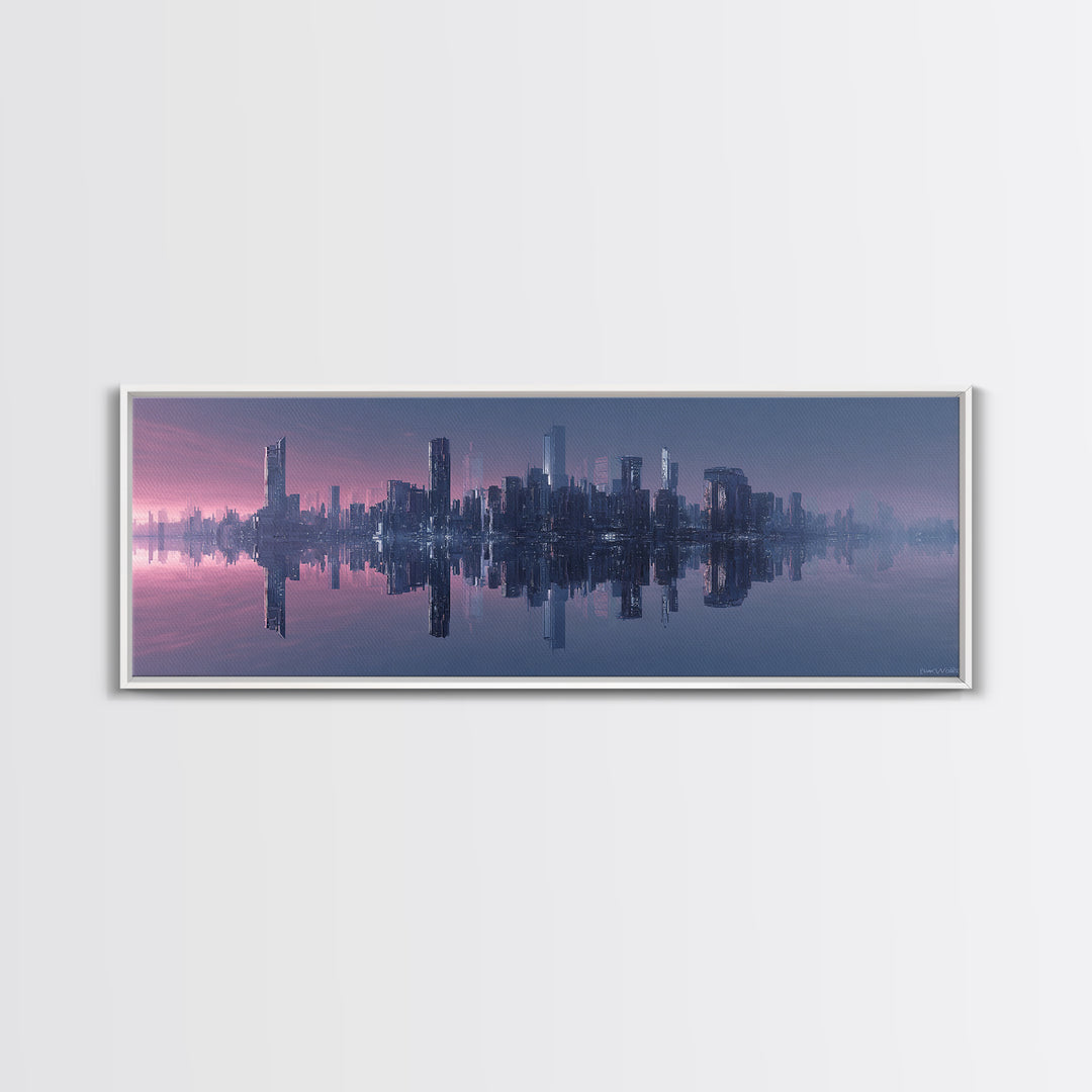 Monochrome City Skyline Reflected Canvas Print, Black and White Art, Textured Painting, Living Room Decor, Monochrome, BAW-3x1-27