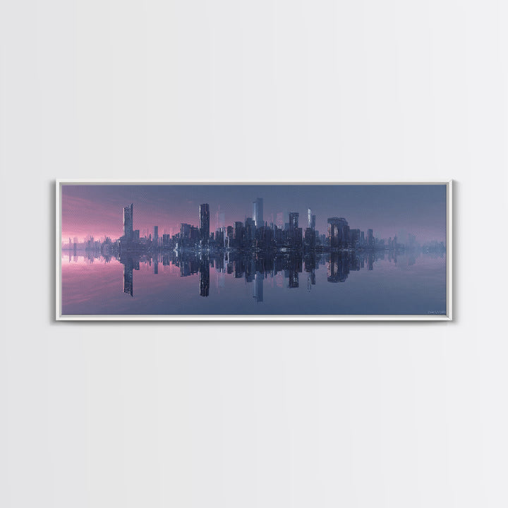 Monochrome City Skyline Reflected Canvas Print, Black and White Art, Textured Painting, Living Room Decor, Monochrome, BAW-3x1-27