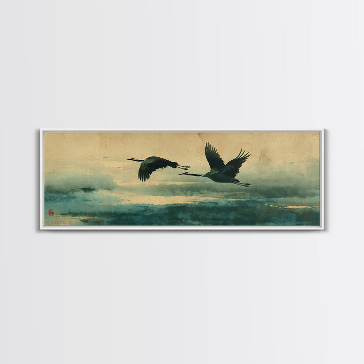Black Ink Crane Flying Across Empty Sky Canvas Print, Black and White Art, Modern Wall Art, Living Room Decor, Oil Painting, BAW-3x1-29