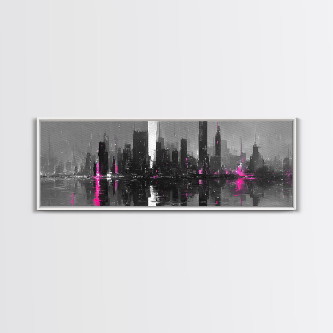 Monochrome City Skyline Reflected Canvas Print, Black and White Art, Fine Art Print, Living Room Decor, Abstract Art, BAW-3x1-3