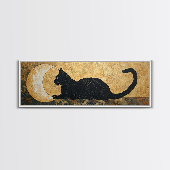 Black Cat Silhouette Framed Canvas Print, Black and White Art, Photo Prints, Living Room Decor, Watercolor Art, Monochrome, BAW-3x1-32