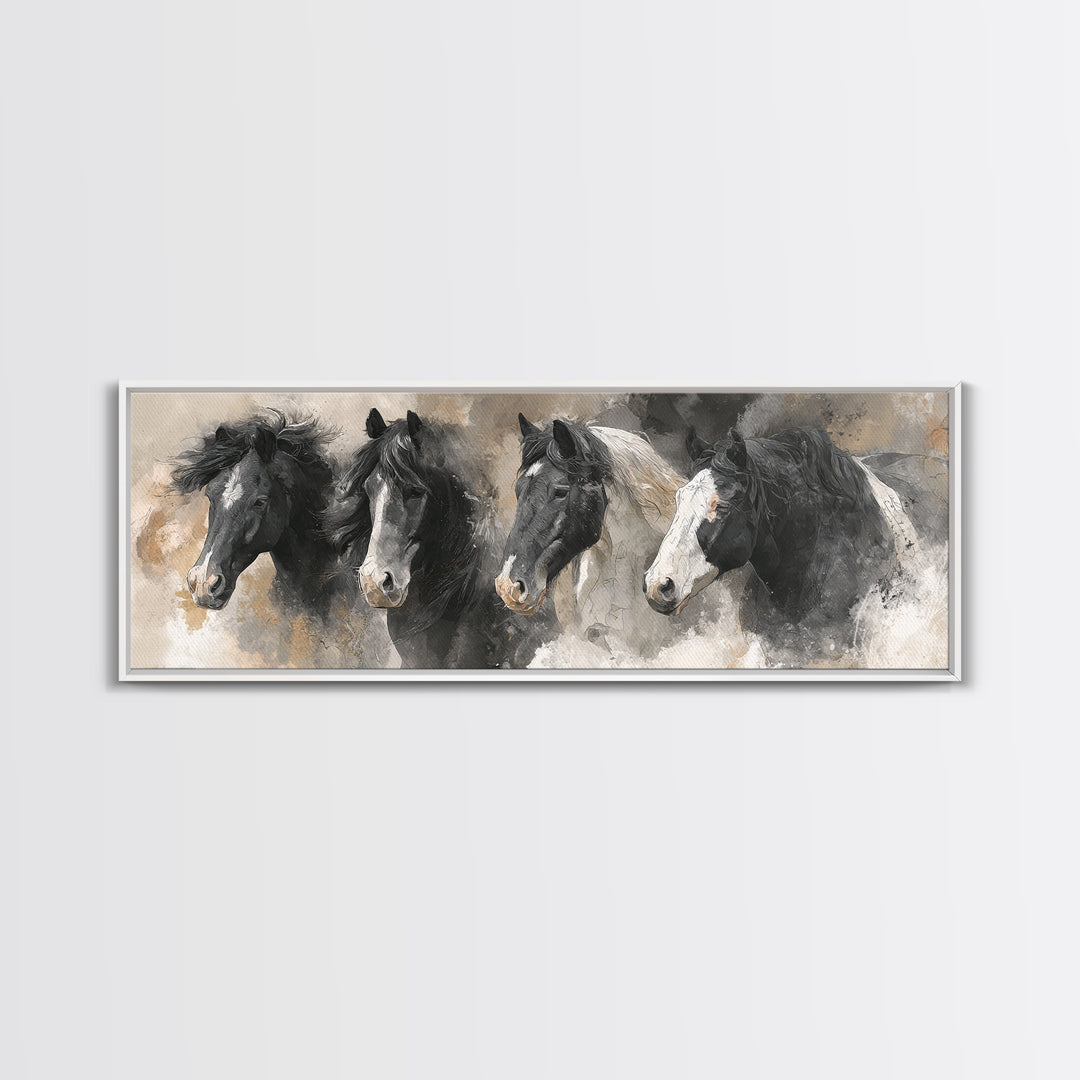 Black and White Wild Horse Portrait Canvas Print, Black and White Art, Photography Prints, Living Room Decor, Monochrome, BAW-3x1-45