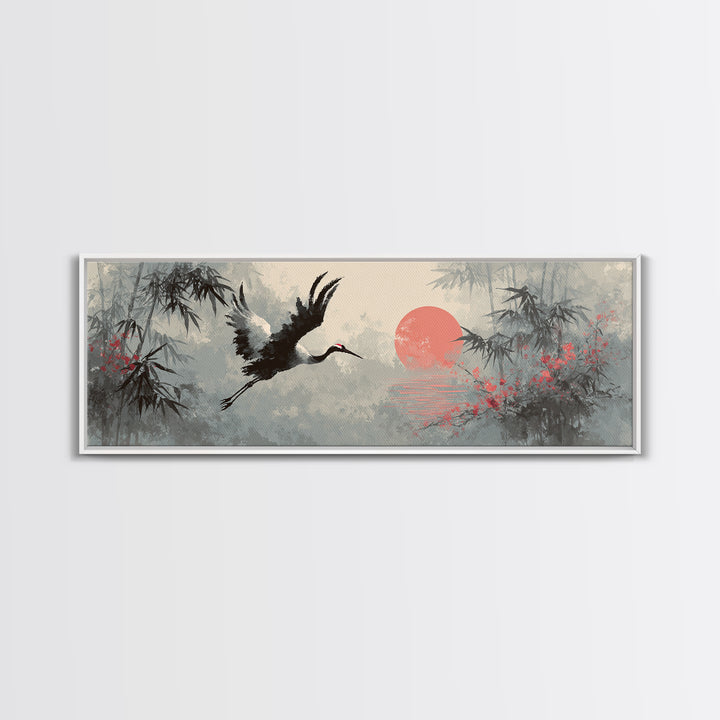Black Ink Crane Flying Across Empty Sky Canvas Print, Black and White Art, Abstract Art, Living Room Decor, Monochrome, BAW-3x1-5