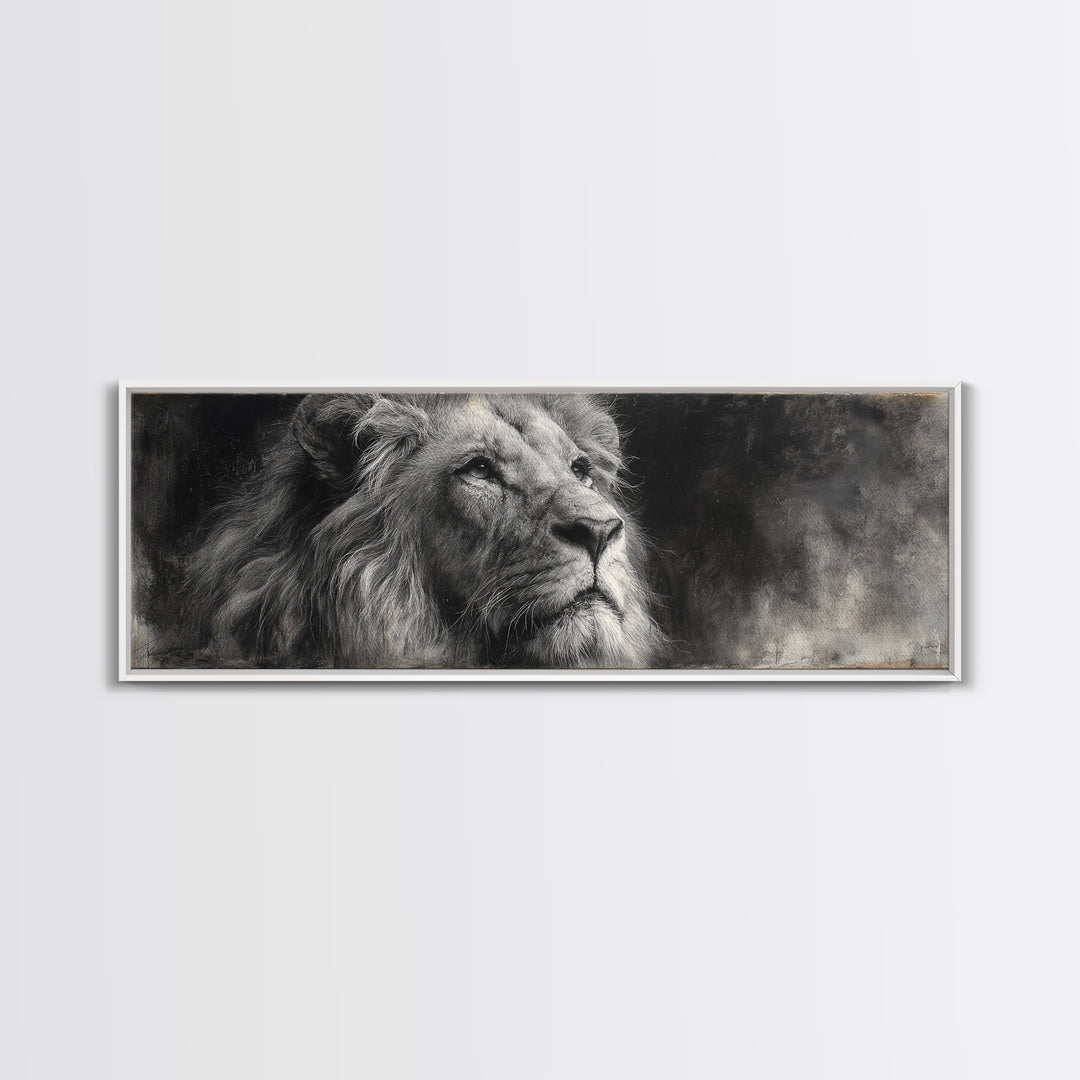 Dramatic Black and White Lion Portrait Framed Canvas Print, Black and White Art, Cabin Decor, Living Room Decor, Monochrome, BAW-3x1-57