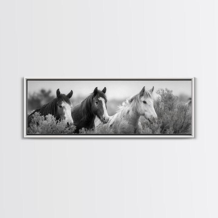 Black and White Wild Horse Portrait Framed Canvas Print, Black and White Art, Gallery Decor, Living Room Decor, Monochrome, BAW-3x1-69