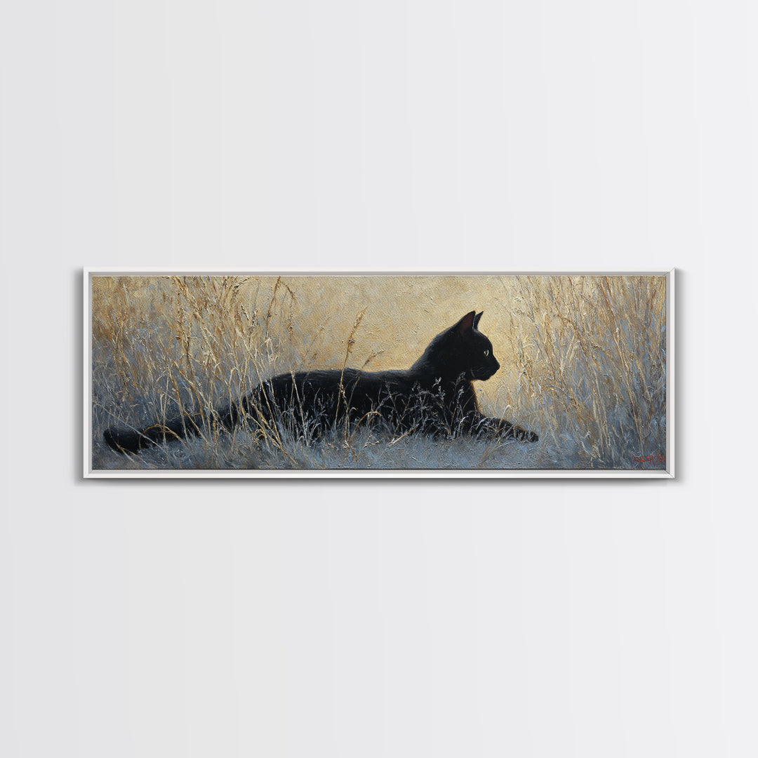 Black Cat Silhouette Canvas Print, Black and White Art, Digital Prints, Living Room Decor, Fine Art, Monochrome, Wood Wall Art, BAW-3x1-80