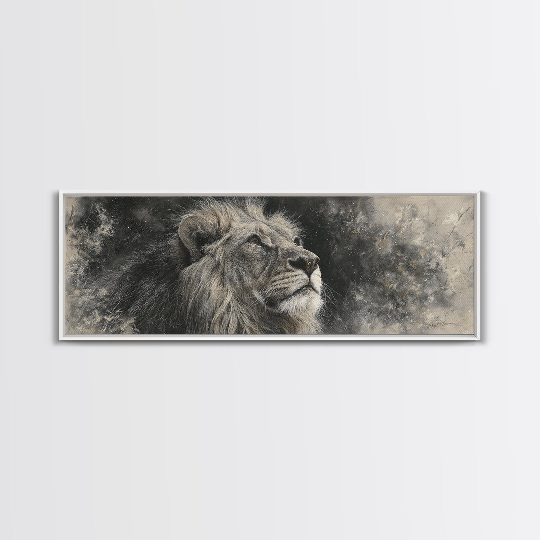Dramatic Black and White Lion Portrait Framed Canvas Print, Black and White Art, Cabin Decor, Living Room Decor, Monochrome, BAW-3x1-81