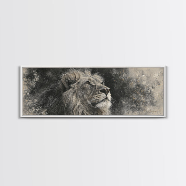Dramatic Black and White Lion Portrait Framed Canvas Print, Black and White Art, Cabin Decor, Living Room Decor, Monochrome, BAW-3x1-81