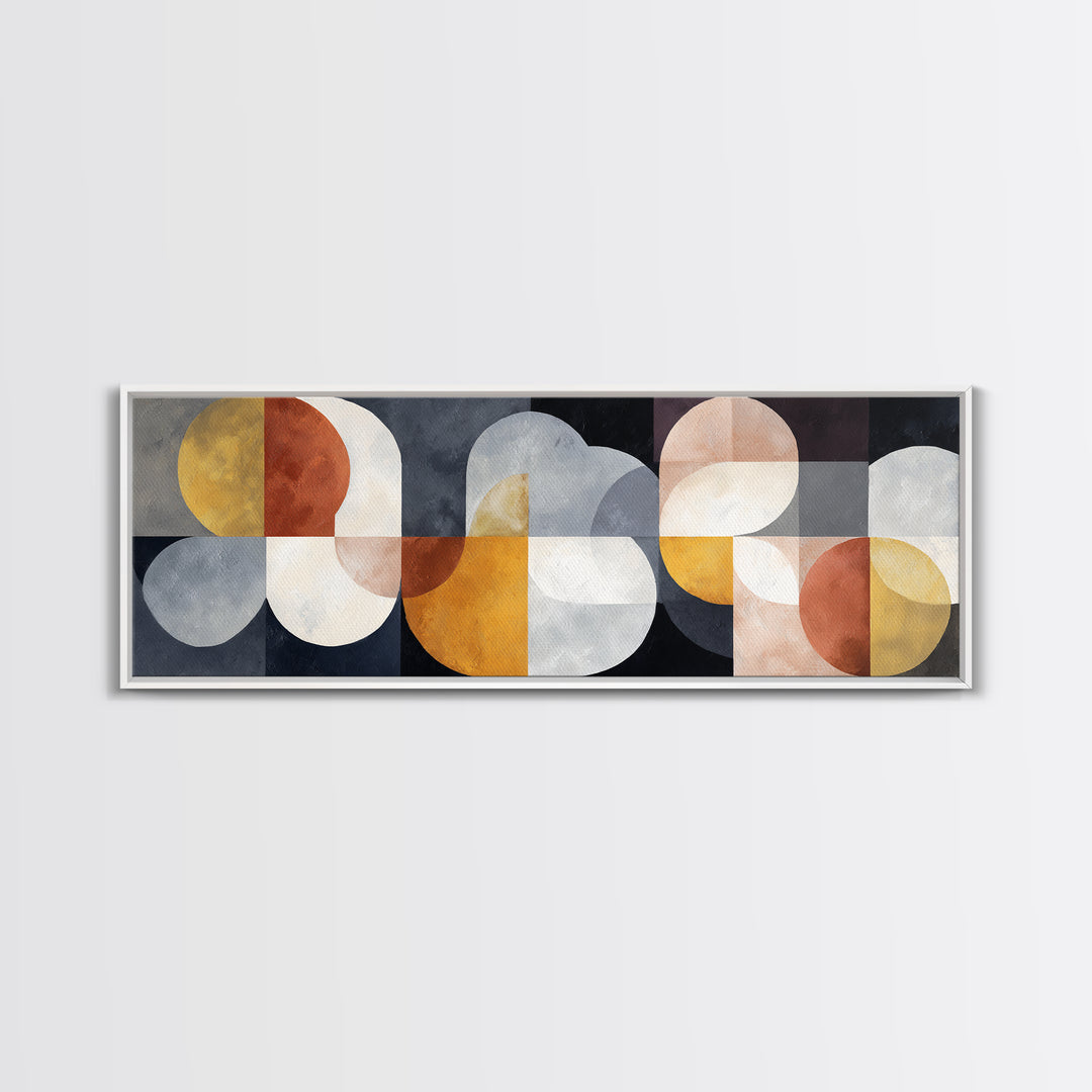 Geometric Bauhaus Grayscale Shapes Framed Canvas Print, Black and White Art, Apartment Decor, Living Room Decor, Monochrome, BAW-3x1-82