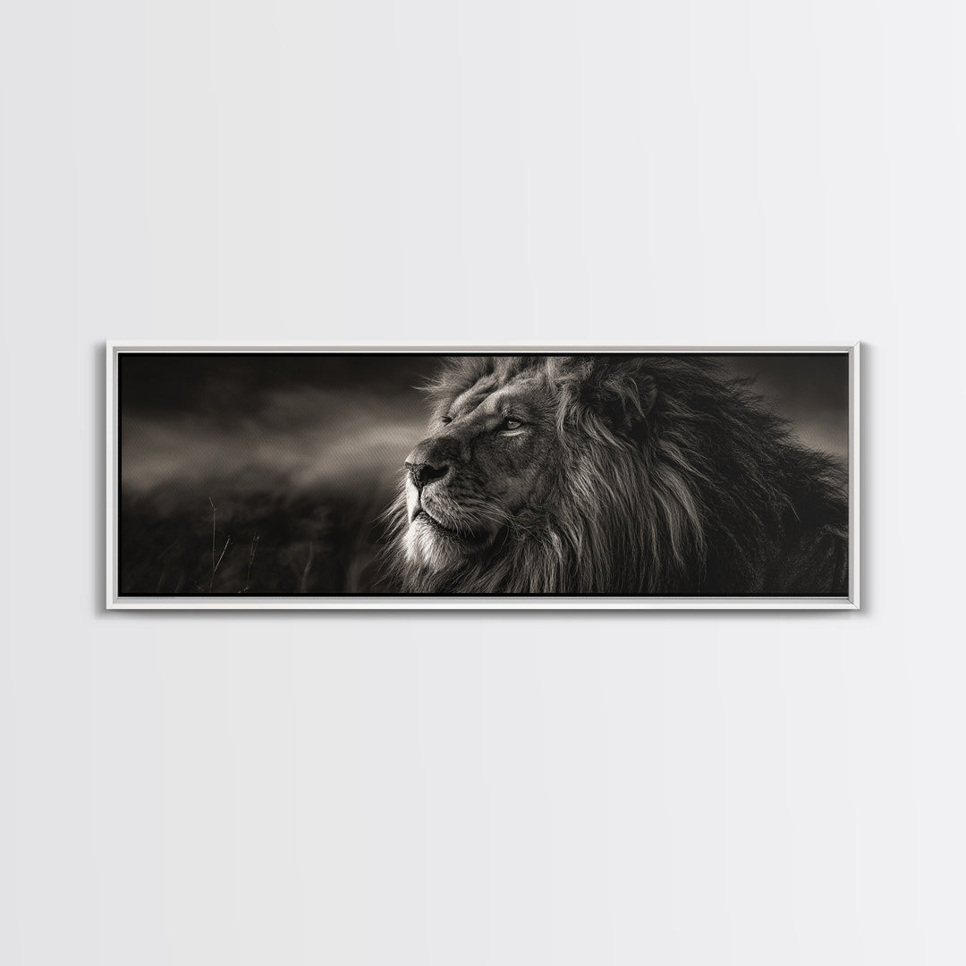 Dramatic Black and White Lion Portrait Framed Canvas Print, Black and White Art, Wood Wall Art, Living Room Decor, Monochrome, BAW-3x1-9