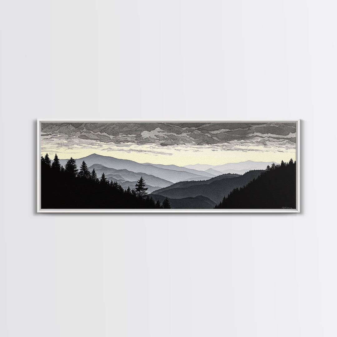 Black Ink Mountain Range Framed Canvas Print, Black and White Art, Photography Prints, Living Room Decor, Watercolor Art, BAW-3x1-90