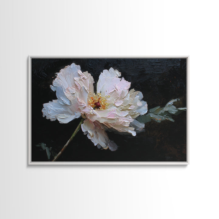 White Flower on Deep Black Background Canvas Print, Black and White Art, Living Room Wall Art, Living Room Decor, Monochrome, BAW-3x2-16