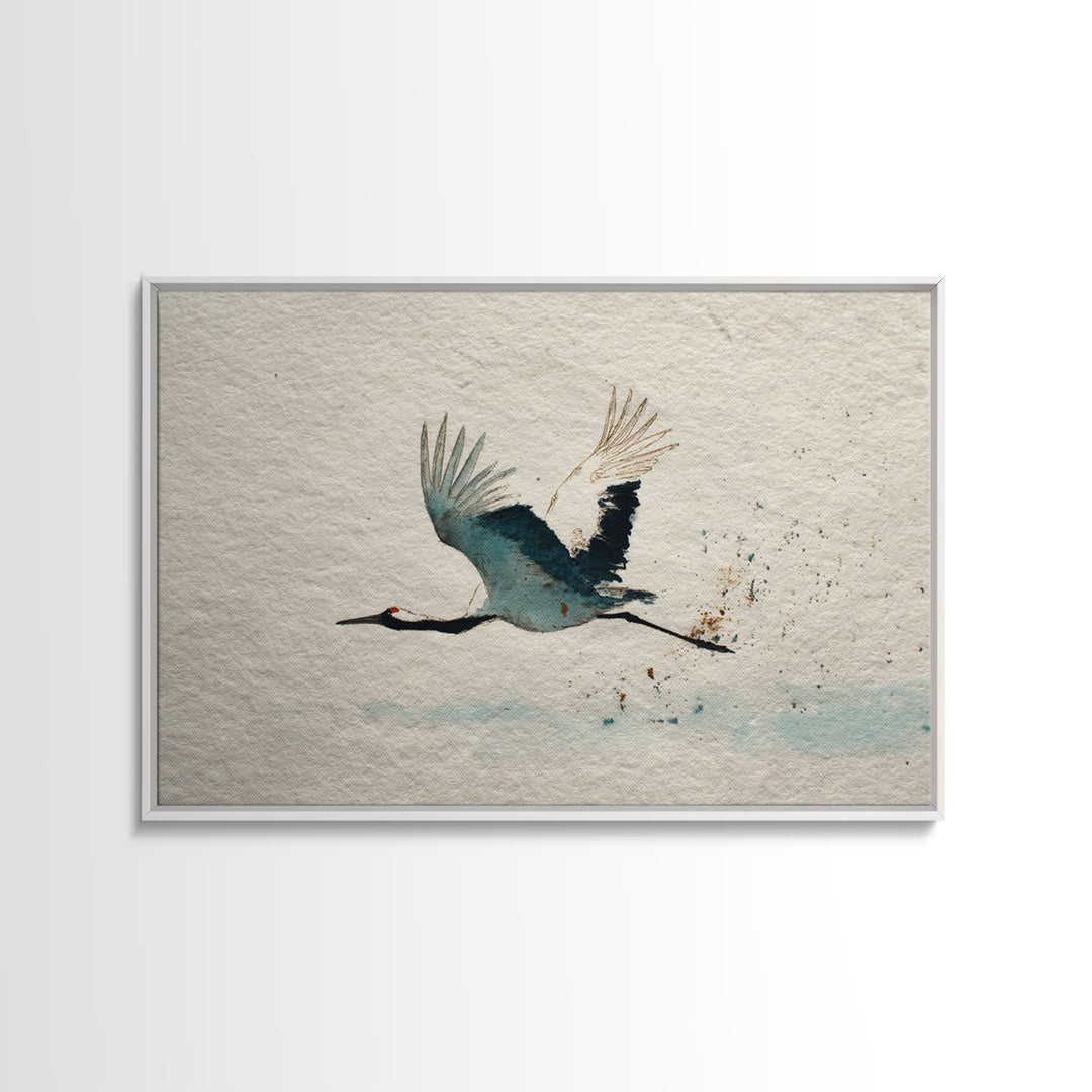 Black Ink Crane Flying Across Empty Sky Canvas Print, Black and White Art, Retro Wall Art, Living Room Decor, Monochrome, BAW-3x2-17