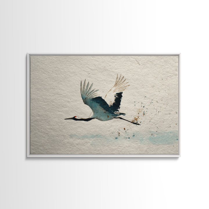 Black Ink Crane Flying Across Empty Sky Canvas Print, Black and White Art, Retro Wall Art, Living Room Decor, Monochrome, BAW-3x2-17