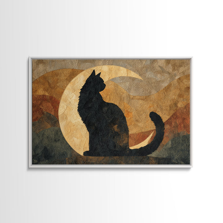 Black Cat Silhouette Framed Canvas Print, Black and White Art, Retro Wall Art, Living Room Decor, Fine Art, Monochrome, BAW-3x2-20