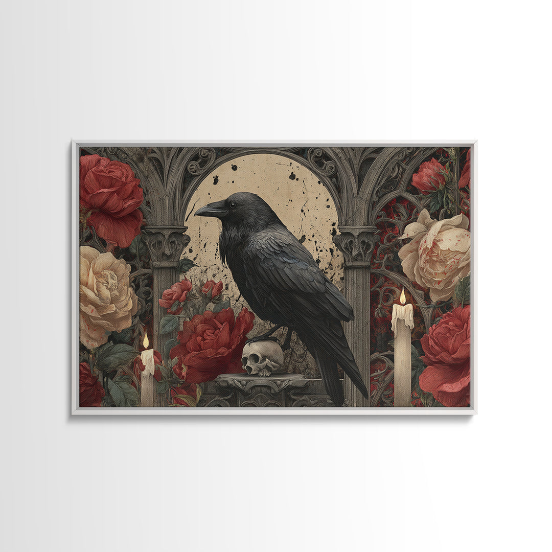 Ink Splatter Raven Composition Framed Canvas Print, Black and White Art, Photography Prints, Living Room Decor, Monochrome, BAW-3x2-24