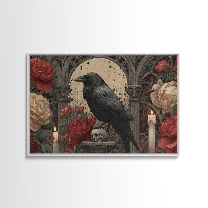 Ink Splatter Raven Composition Framed Canvas Print, Black and White Art, Photography Prints, Living Room Decor, Monochrome, BAW-3x2-24