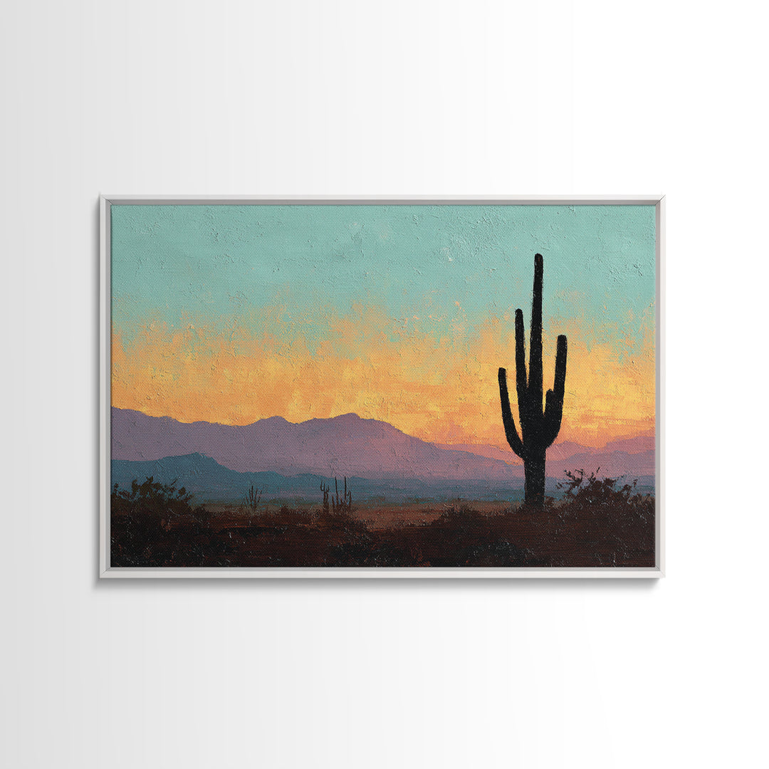 Monochrome Desert Cactus Silhouette Framed Canvas Print, Black and White Art, Set of 3 Prints, Living Room Decor, Monochrome, BAW-3x2-25
