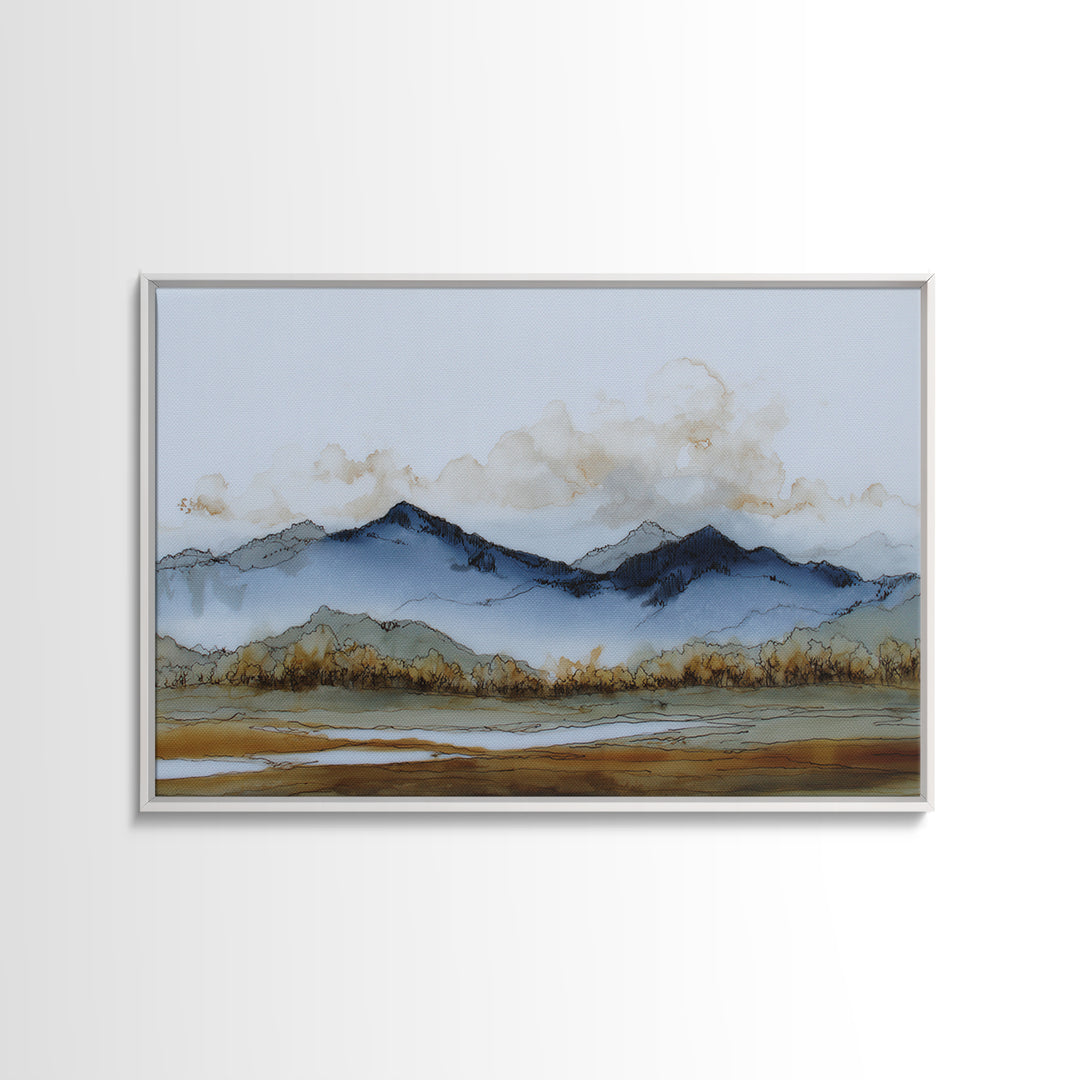 Black Ink Mountain Range Canvas Print, Black and White Art, Canvas Print, Living Room Decor, Oil Painting, Monochrome, BAW-3x2-30