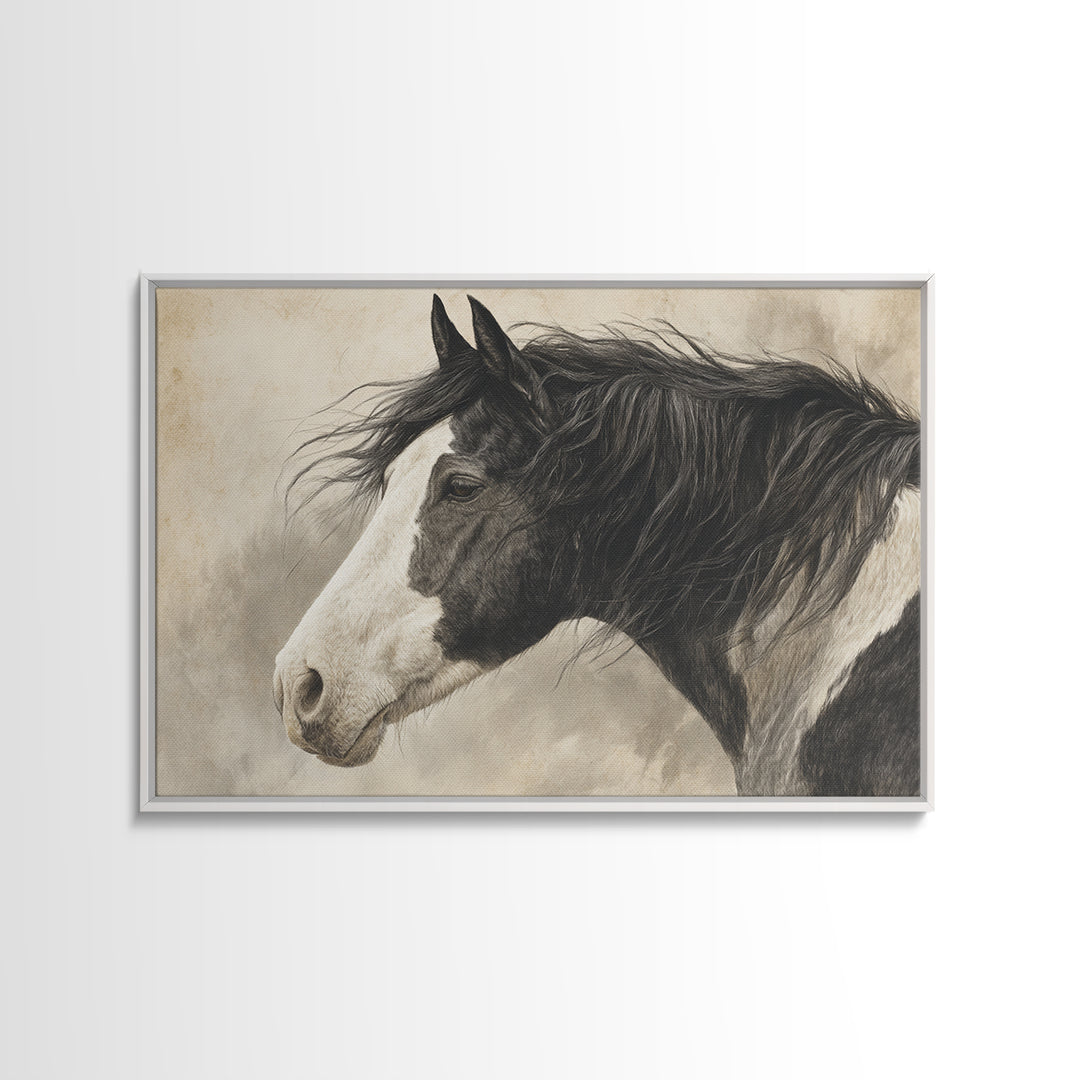 Black and White Wild Horse Portrait Canvas Print, Black and White Art, Cabin Decor, Living Room Decor, Fine Art, Monochrome, BAW-3x2-33