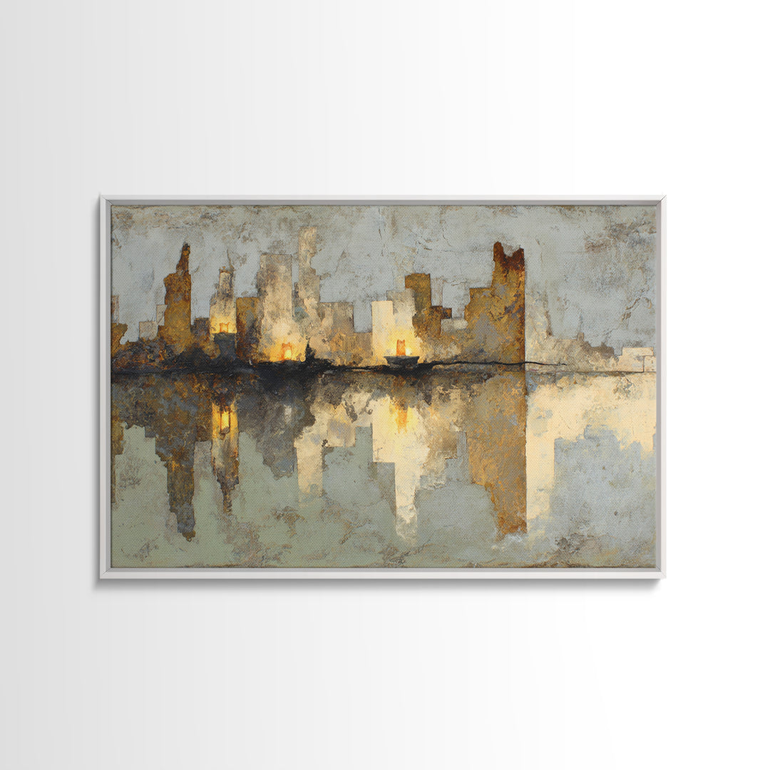 Monochrome City Skyline Reflected Canvas Print, Black and White Art, Contemporary Art, Living Room Decor, Monochrome, BAW-3x2-39