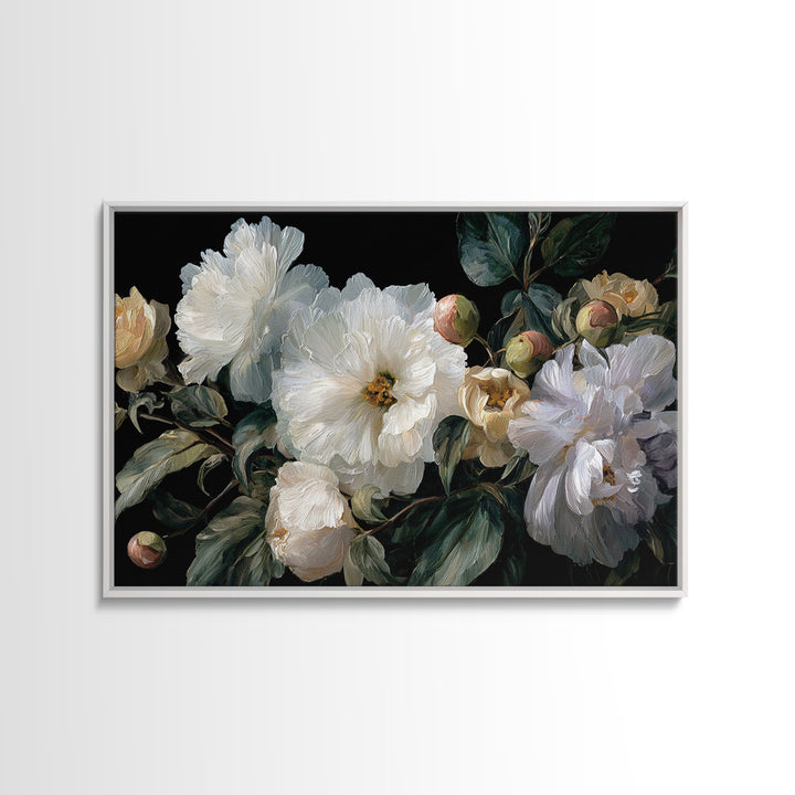 White Flower on Deep Black Background Canvas Print, Black and White Art, Modern Art, Living Room Decor, Monochrome, Art Prints, BAW-3x2-40