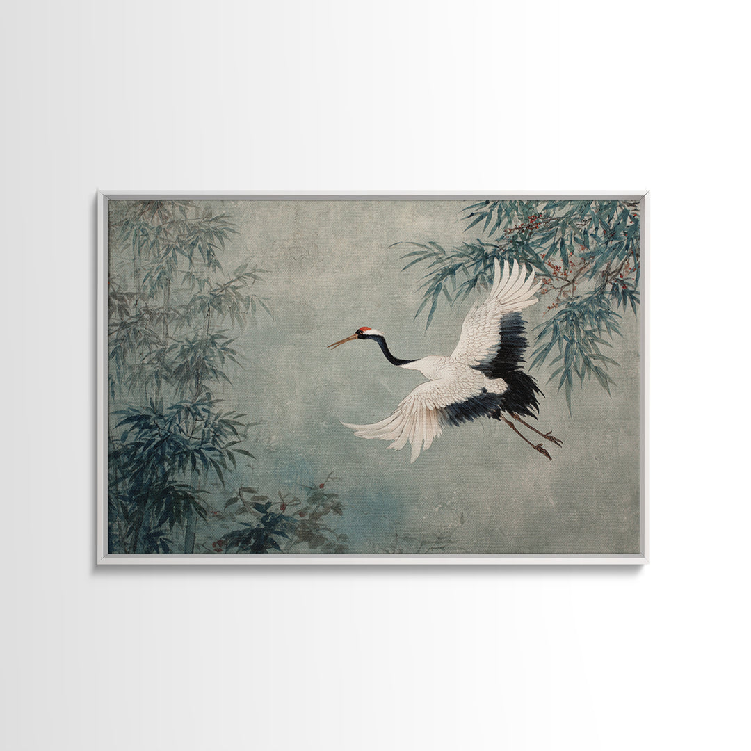 Black Ink Crane Flying Across Empty Sky Canvas Print, Black and White Art, Photo Prints, Living Room Decor, Monochrome, BAW-3x2-41