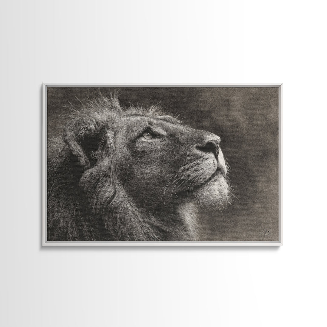 Dramatic Black and White Lion Portrait Framed Canvas Print, Black and White Art, Gallery Decor, Living Room Decor, Monochrome, BAW-3x2-45