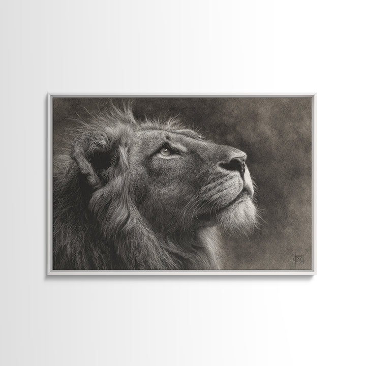 Dramatic Black and White Lion Portrait Framed Canvas Print, Black and White Art, Gallery Decor, Living Room Decor, Monochrome, BAW-3x2-45