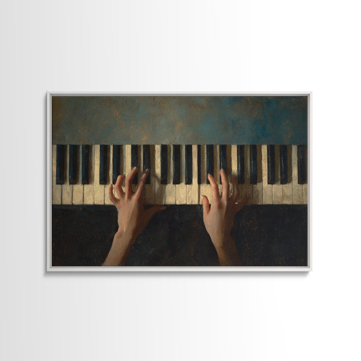 Piano Keys and Hands Framed Canvas Print, Black and White Art, Modern Wall Art, Living Room Decor, Oil Painting, Monochrome, BAW-3x2-50