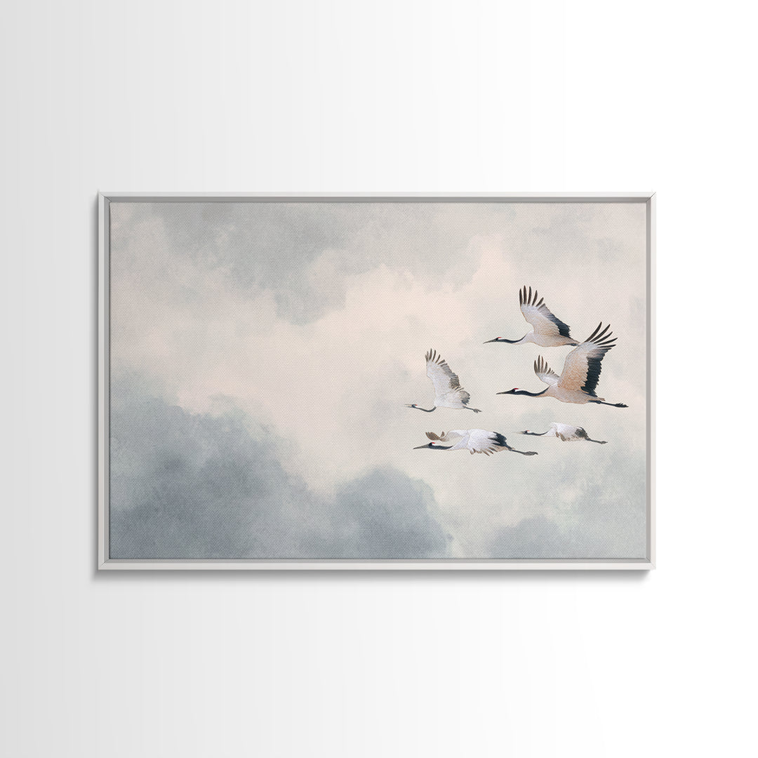 Black Ink Crane Flying Across Empty Sky Canvas Print, Black and White Art, Photo Prints, Living Room Decor, Monochrome, BAW-3x2-65