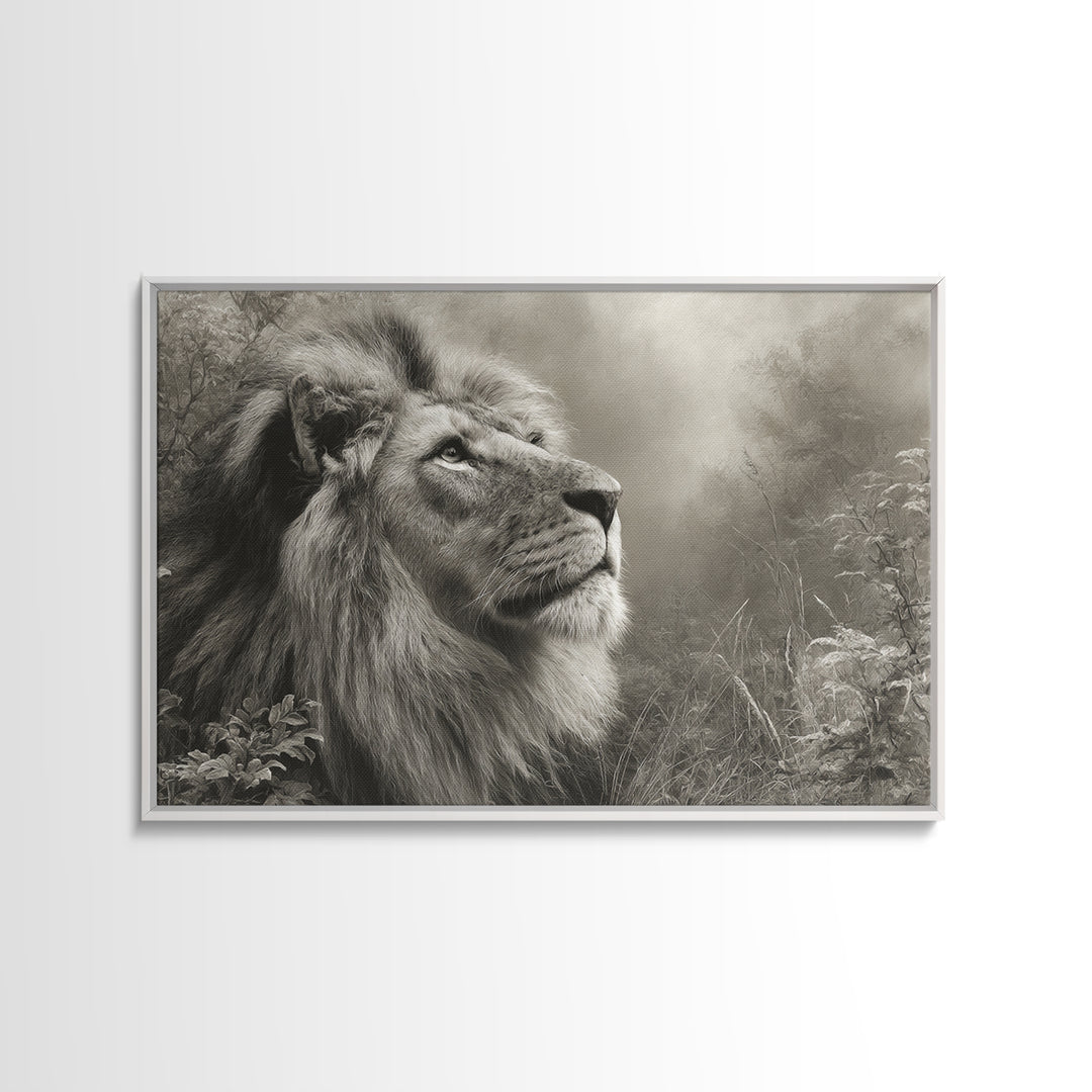 Dramatic Black and White Lion Portrait Framed Canvas Print, Black and White Art, Gallery Decor, Living Room Decor, Monochrome, BAW-3x2-69