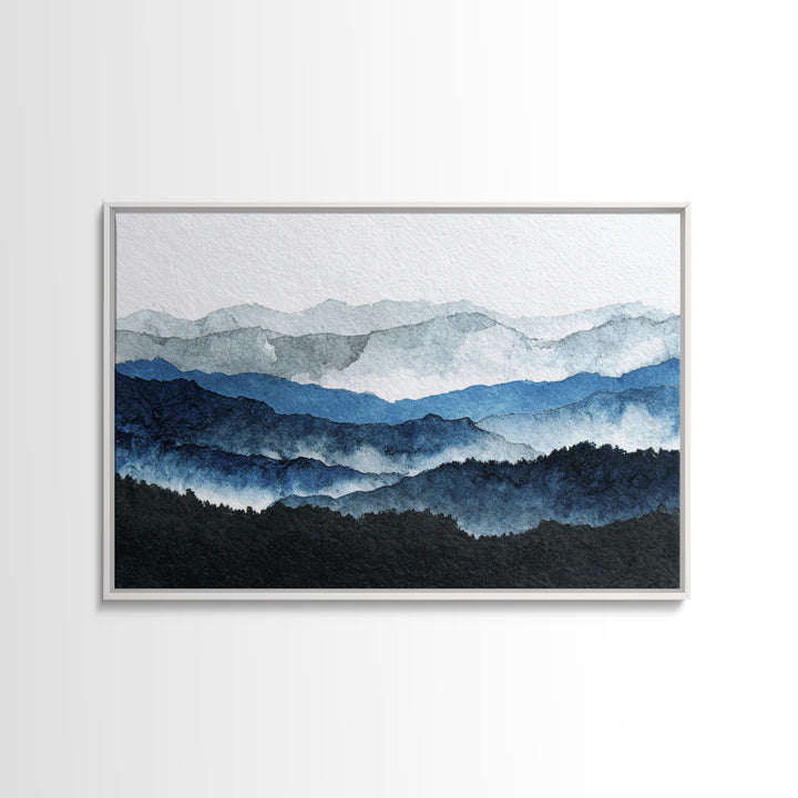 Black Ink Mountain Range Framed Canvas Print, Black and White Art, Cabin Decor, Living Room Decor, Fine Art, Monochrome, BAW-3x2-78