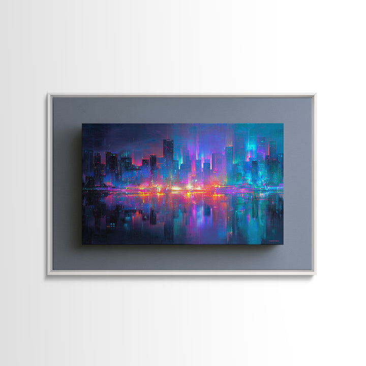 Monochrome City Skyline Reflected Framed Canvas Print, Black and White Art, Art, Living Room Decor, Fine Art, Monochrome, BAW-3x2-87