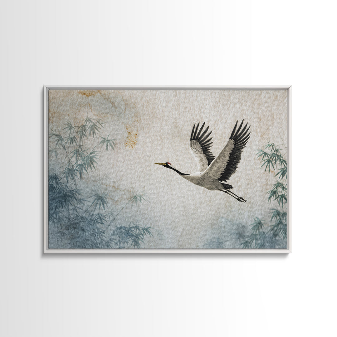 Black Ink Crane Flying Across Empty Sky Canvas Print, Black and White Art, Boho Decor, Living Room Decor, Oil Painting, BAW-3x2-89