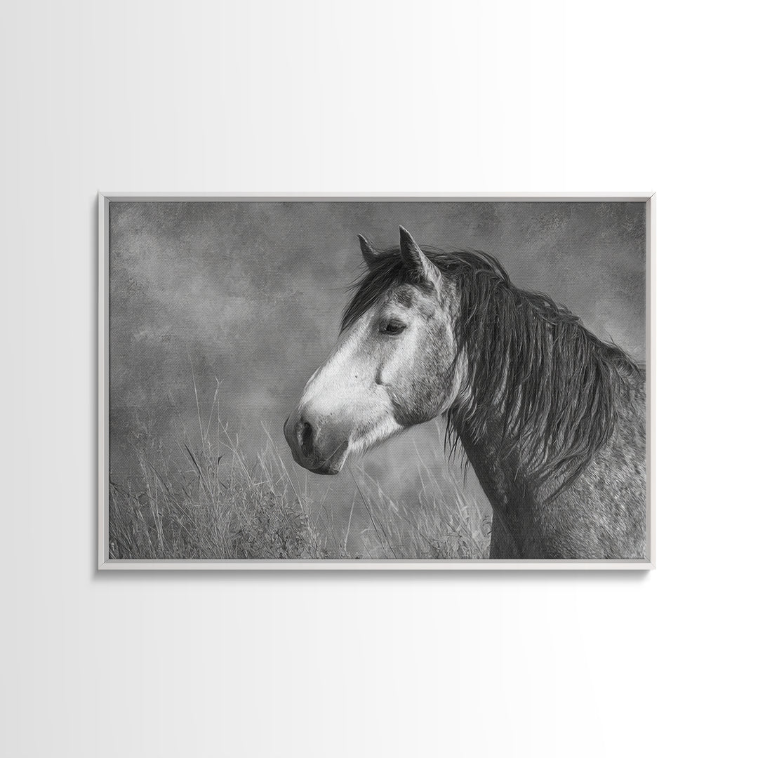 Black and White Wild Horse Portrait Framed Canvas Print, Black and White Art, Canvas Print, Living Room Decor, Monochrome, BAW-3x2-9