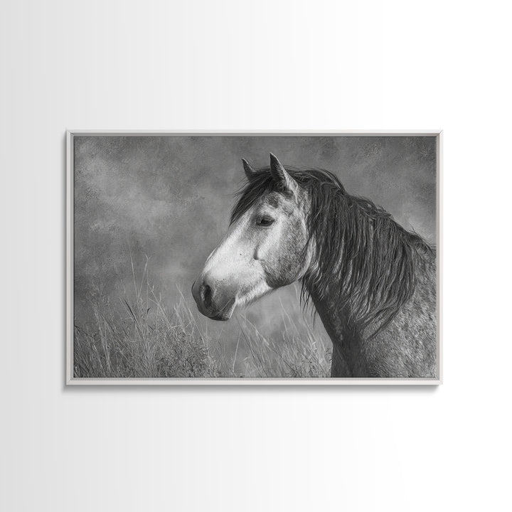Black and White Wild Horse Portrait Framed Canvas Print, Black and White Art, Canvas Print, Living Room Decor, Monochrome, BAW-3x2-9