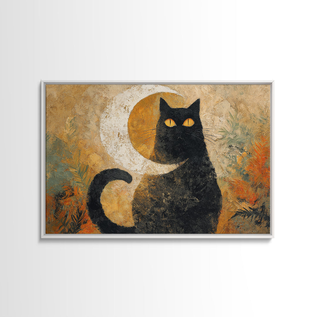 Black Cat Silhouette Framed Canvas Print, Black and White Art, Digital Prints, Living Room Decor, Fine Art, Monochrome, BAW-3x2-92