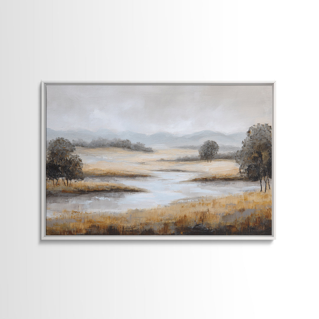 Misty Bridge Landscape Framed Canvas Print, Black and White Art, Printable, Living Room Decor, Monochrome, Retro Wall Art, BAW-3x2-95