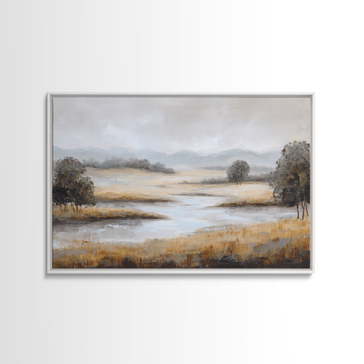 Misty Bridge Landscape Framed Canvas Print, Black and White Art, Printable, Living Room Decor, Monochrome, Retro Wall Art, BAW-3x2-95