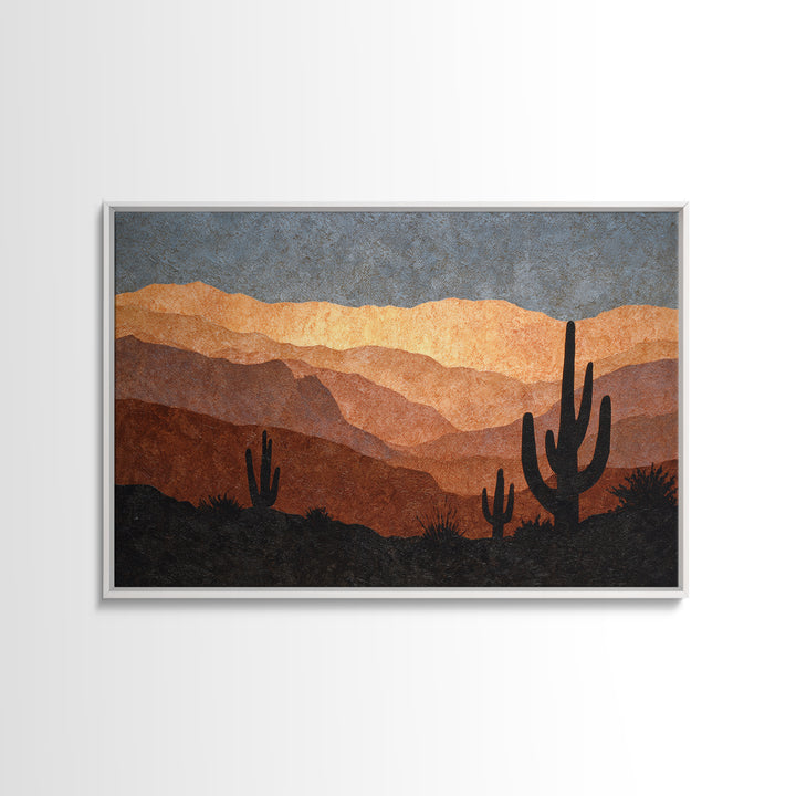 Monochrome Desert Cactus Silhouette Framed Canvas Print, Black and White Art, Luxury Decor, Living Room Decor, Monochrome, BAW-3x2-97