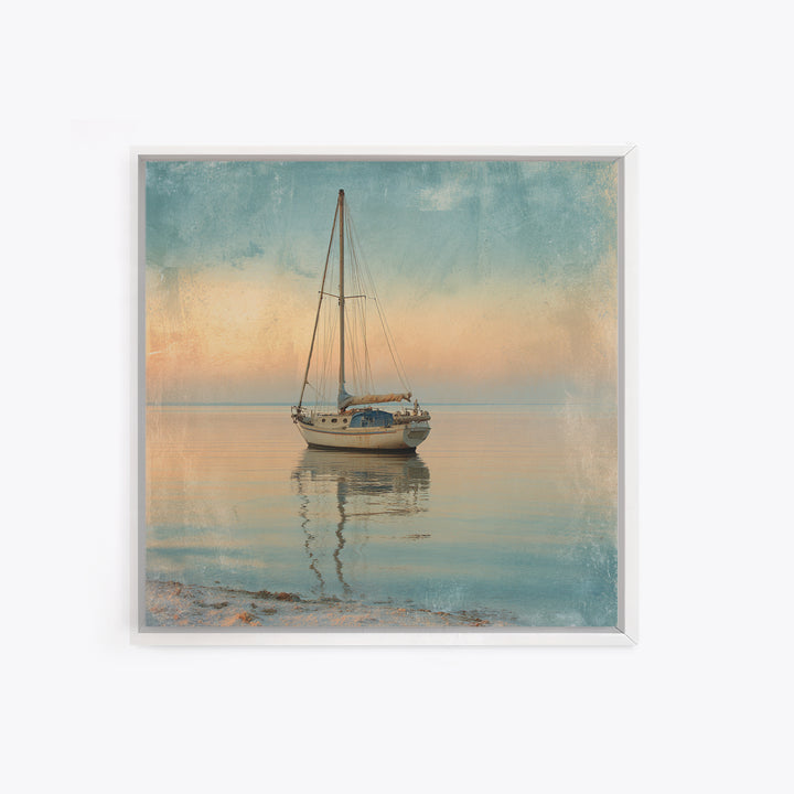 Sunset Sailboat Silhouette on Calm Water Canvas Print, Beach Art, Modern Art, Coastal Decor, Oil Painting, Shore, Luxury Decor, BEA-1x1-30