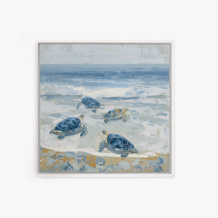 Family of Sea Turtles Crossing Moonlit Sand Framed Canvas Print, Beach Art, Coastal Art, Coastal Decor, Fine Art, Shore, BEA-1x1-38