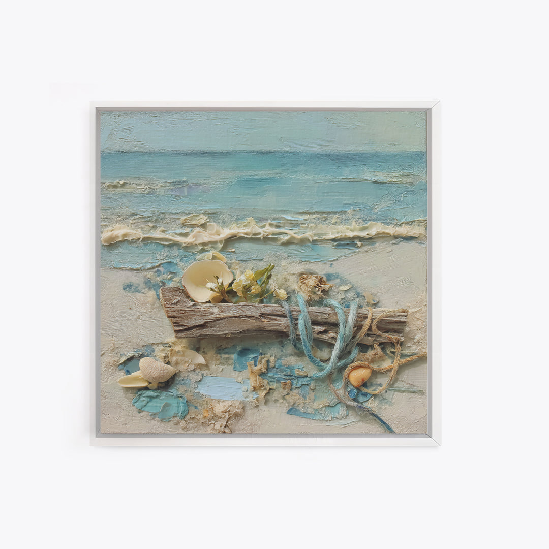 Driftwood and Wildflowers on Sand Framed Canvas Print, Beach Art, Coastal Decor, Oil Painting, Shore, Boho Decor, BEA-1x1-46