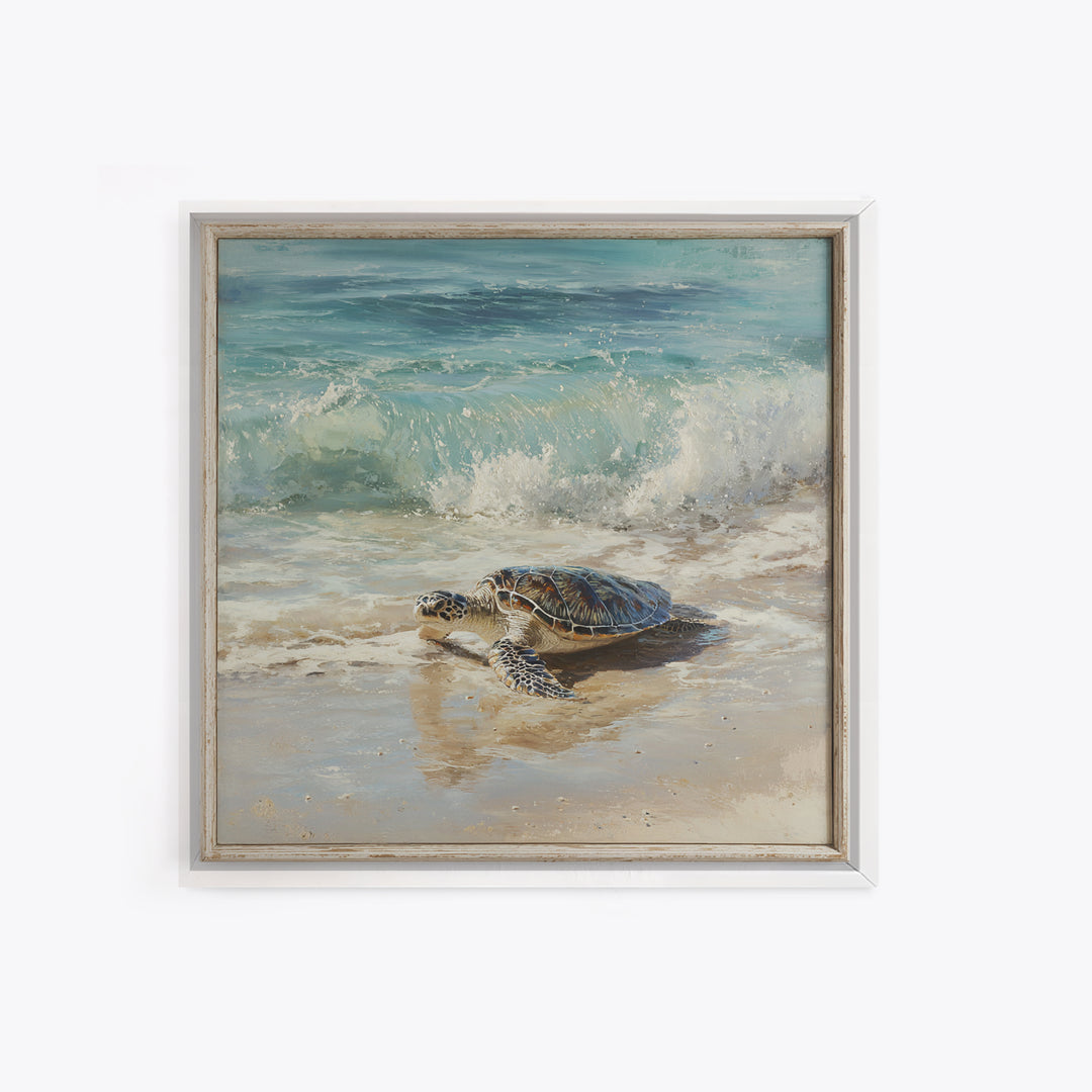 Family of Sea Turtles Crossing Moonlit Sand Framed Canvas Print, Beach Art, Coastal Art, Coastal Decor, Fine Art, Shore, BEA-1x1-62